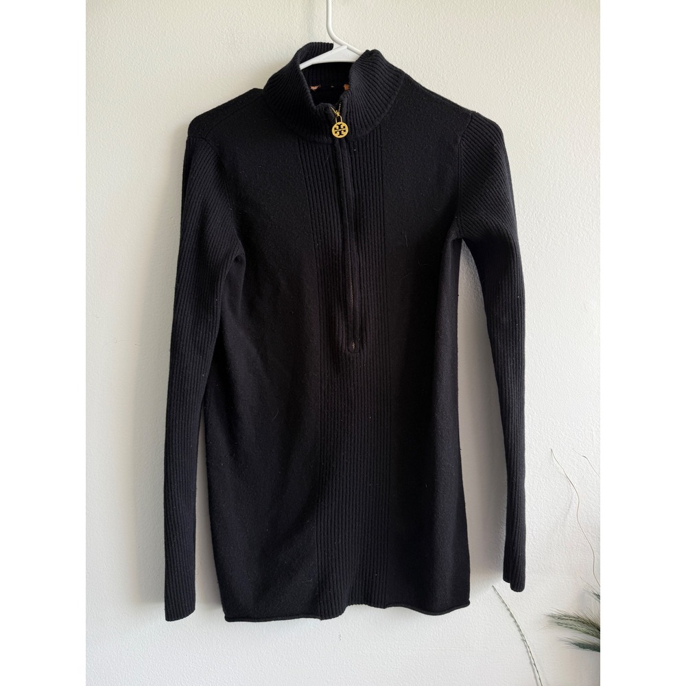 Tory Burch Black Wool Cashmere Quarter Zip Mock Neck Sweater Womens Size‎ M